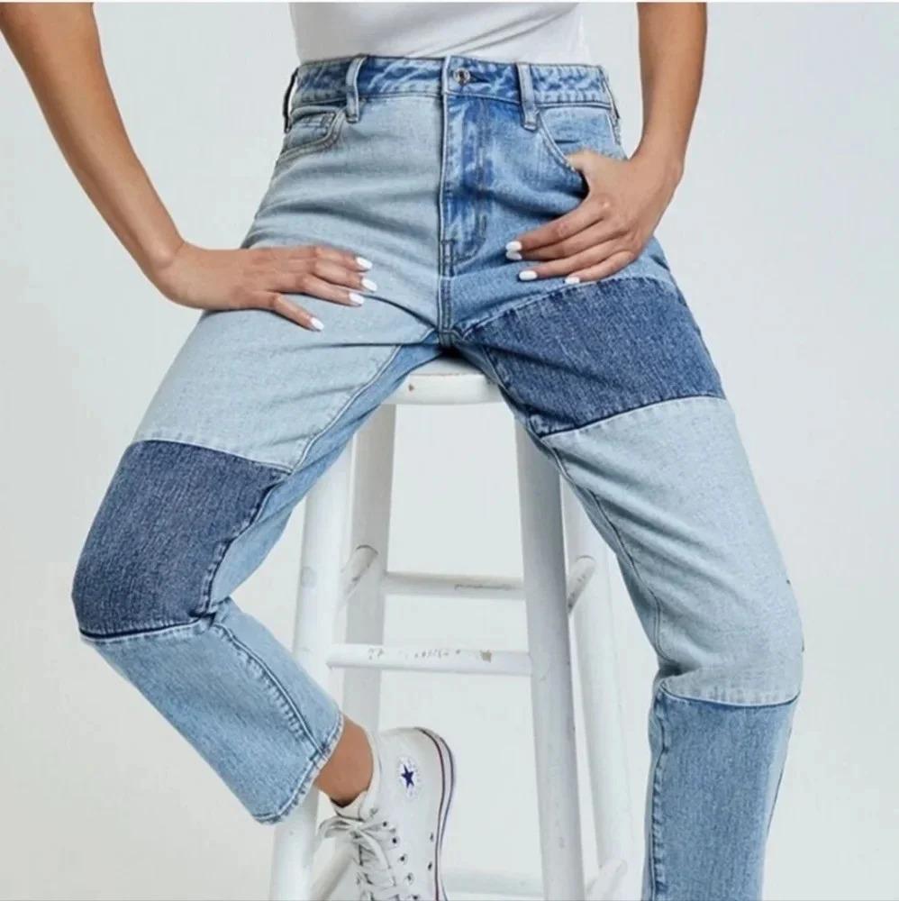 PacSun Patchwork Denim Straight Mom Jeans 28 Colorblock